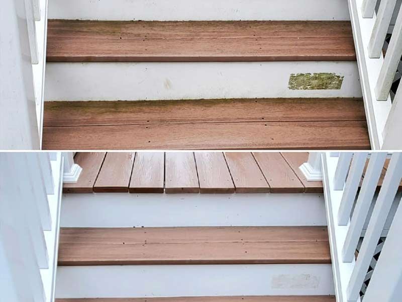 A before and after photo of a wooden staircase