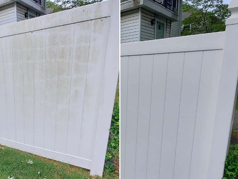 A before and after photo of a white vinyl fence.