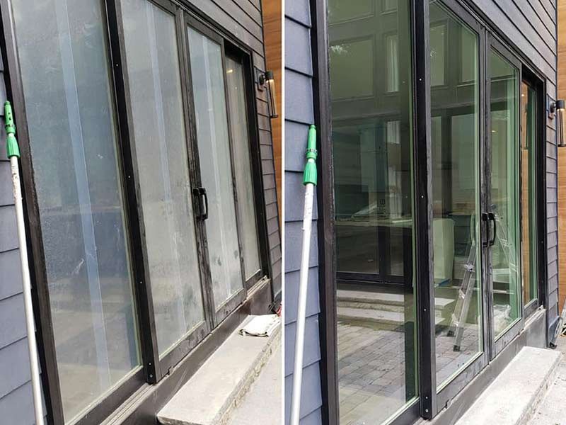 A before and after picture of a house with sliding glass doors.