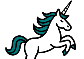 A unicorn with a blue mane and tail is standing on its hind legs.
