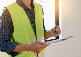 A man in a yellow vest is holding a clipboard and a pen.