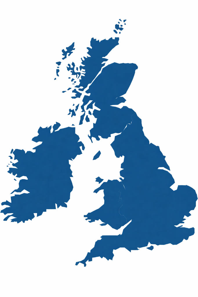 Blue silhouette map of the United Kingdom, including Great Britain and Northern Ireland.