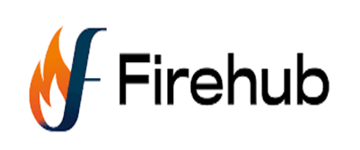 A logo for firehub with a flame in the middle