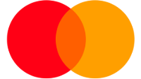 Overlapping red and yellow circles, orange where they intersect; Mastercard logo.
