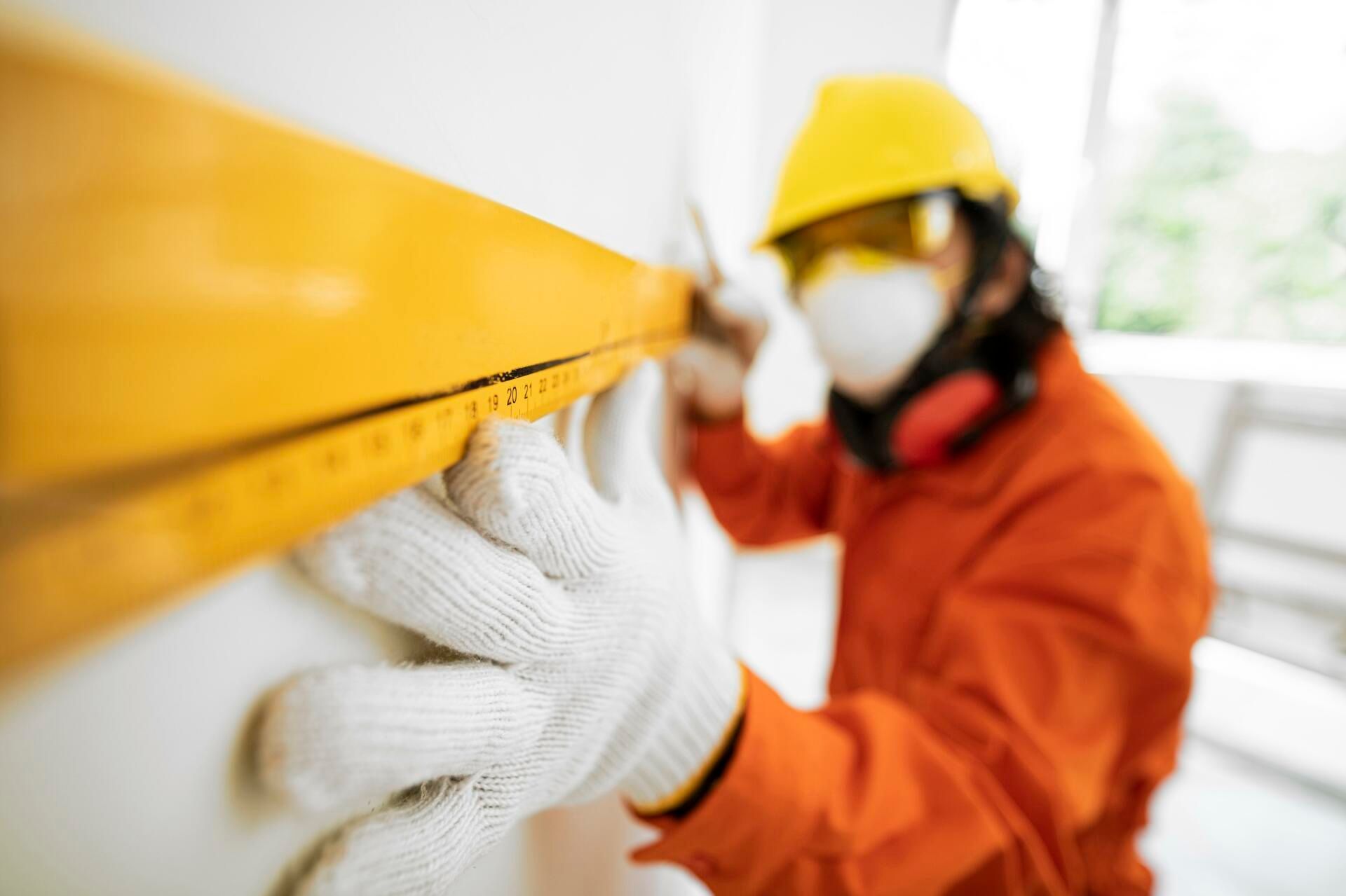 A construction worker is measuring a wall with a tape measure.