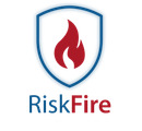 A logo for riskfire with a flame in a shield