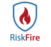 A logo for riskfire with a flame in a shield