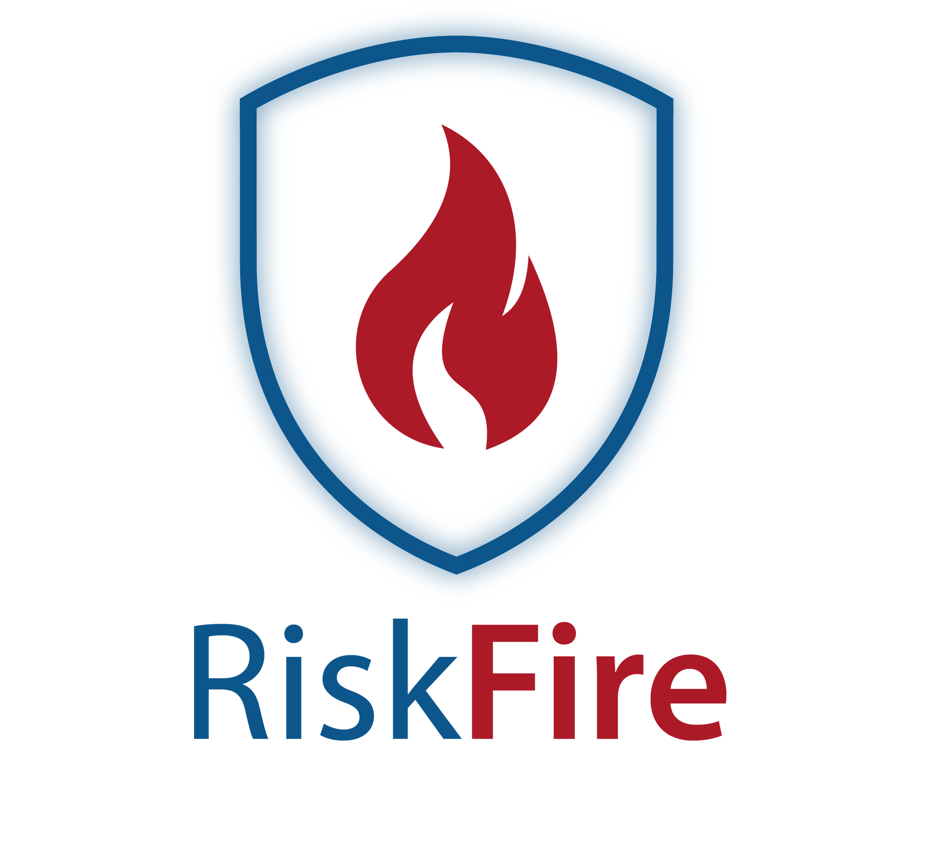 A logo for riskfire with a flame in a shield