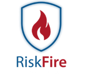 RiskFire logo: Shield with a blue border, red flame icon. Text 
