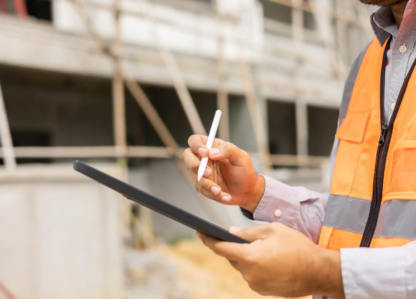 A construction worker is holding a tablet and a pen.