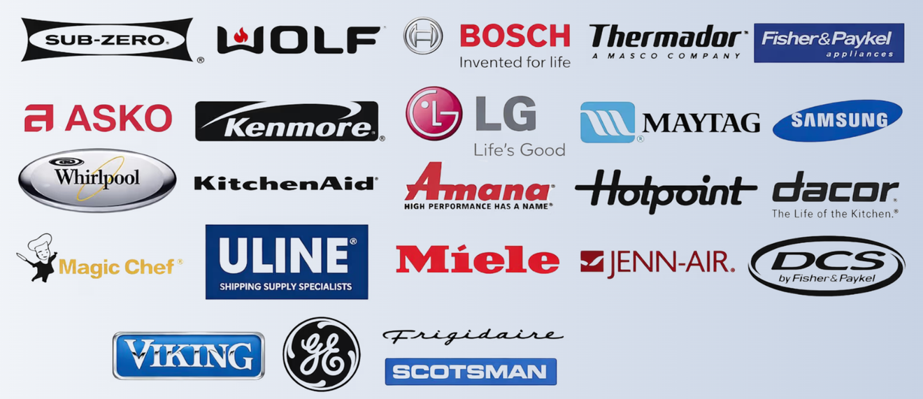 Various appliance brand logos on a white background, including Wolf, Bosch, LG, Samsung, and GE.