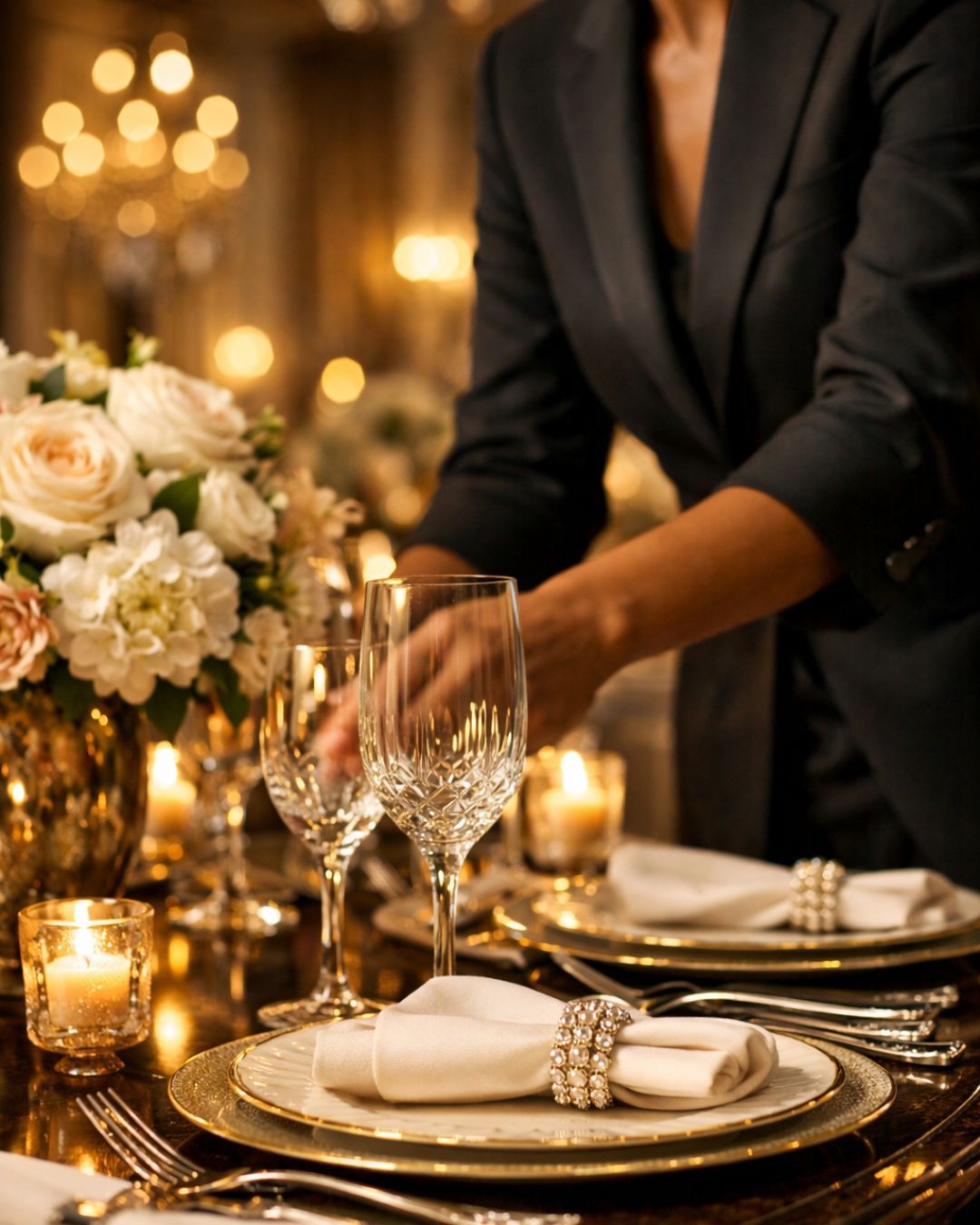 Refined private event table setting with candlelit ambiance