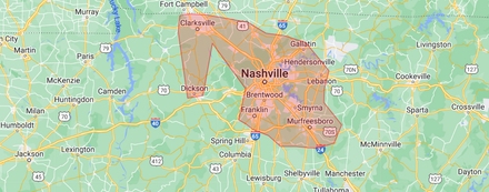 A map of nashville , tennessee with a red circle in the middle.