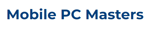 A blue logo for mobile pc masters on a white background