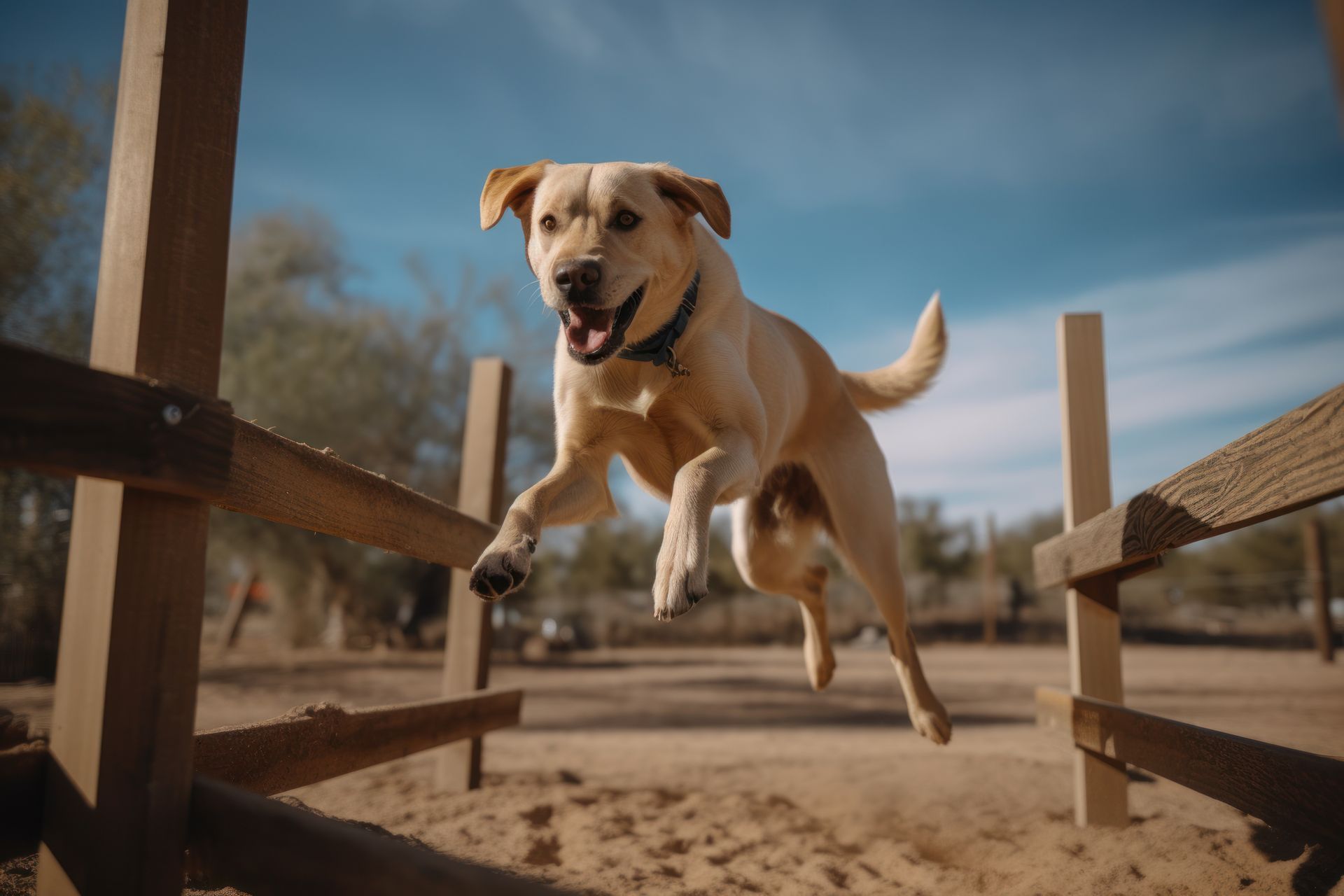 A dog is jumping over a wooden fence.