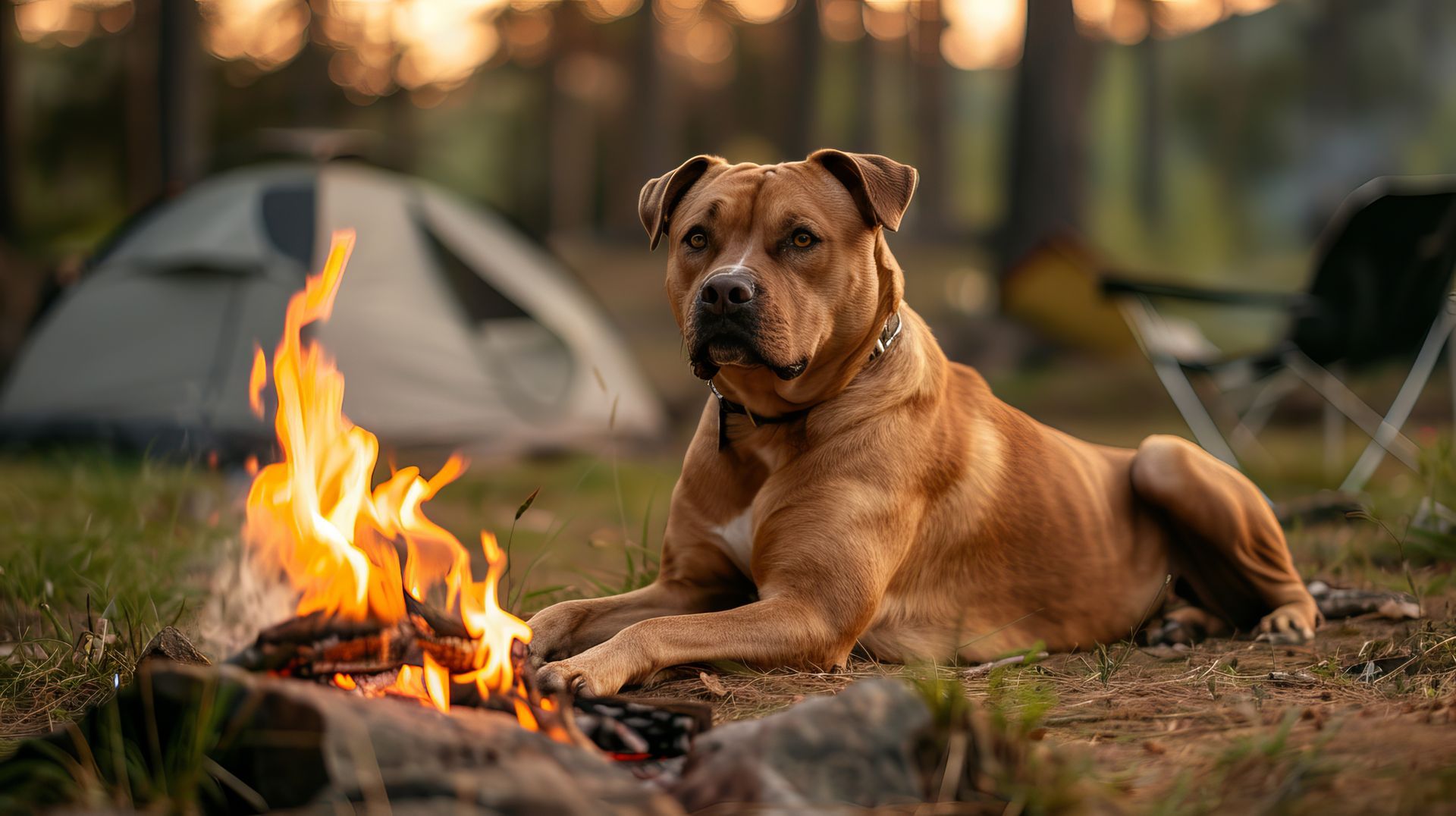 A dog is laying next to a campfire in front of a tent.