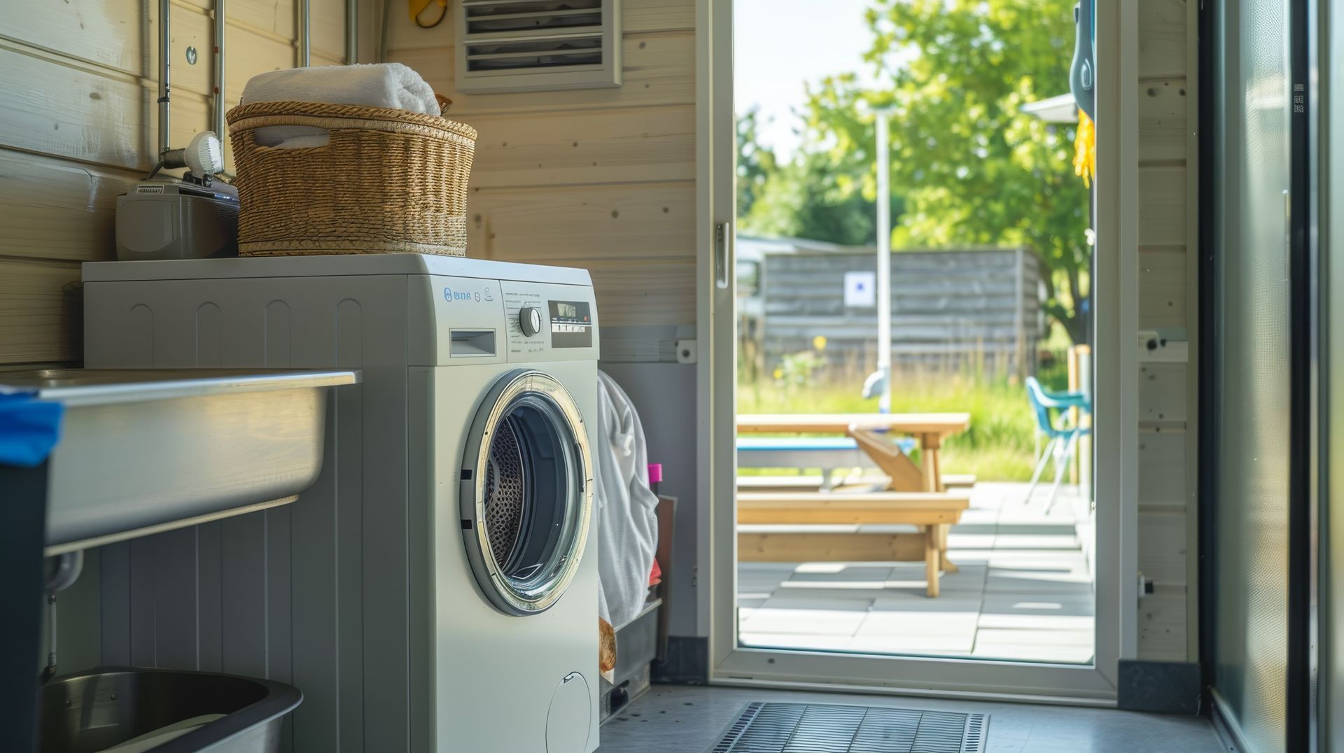 A laundry room with a washing machine and a sink.