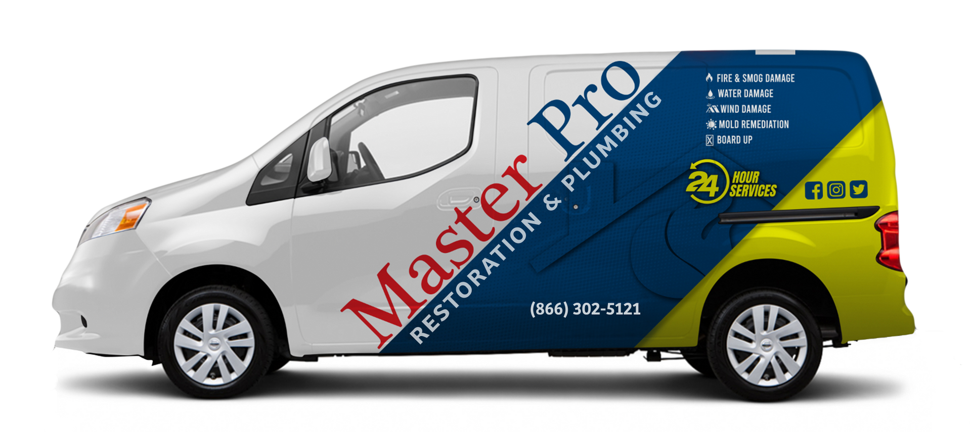 a white van with a wrap that says master pro restoration and plumbing