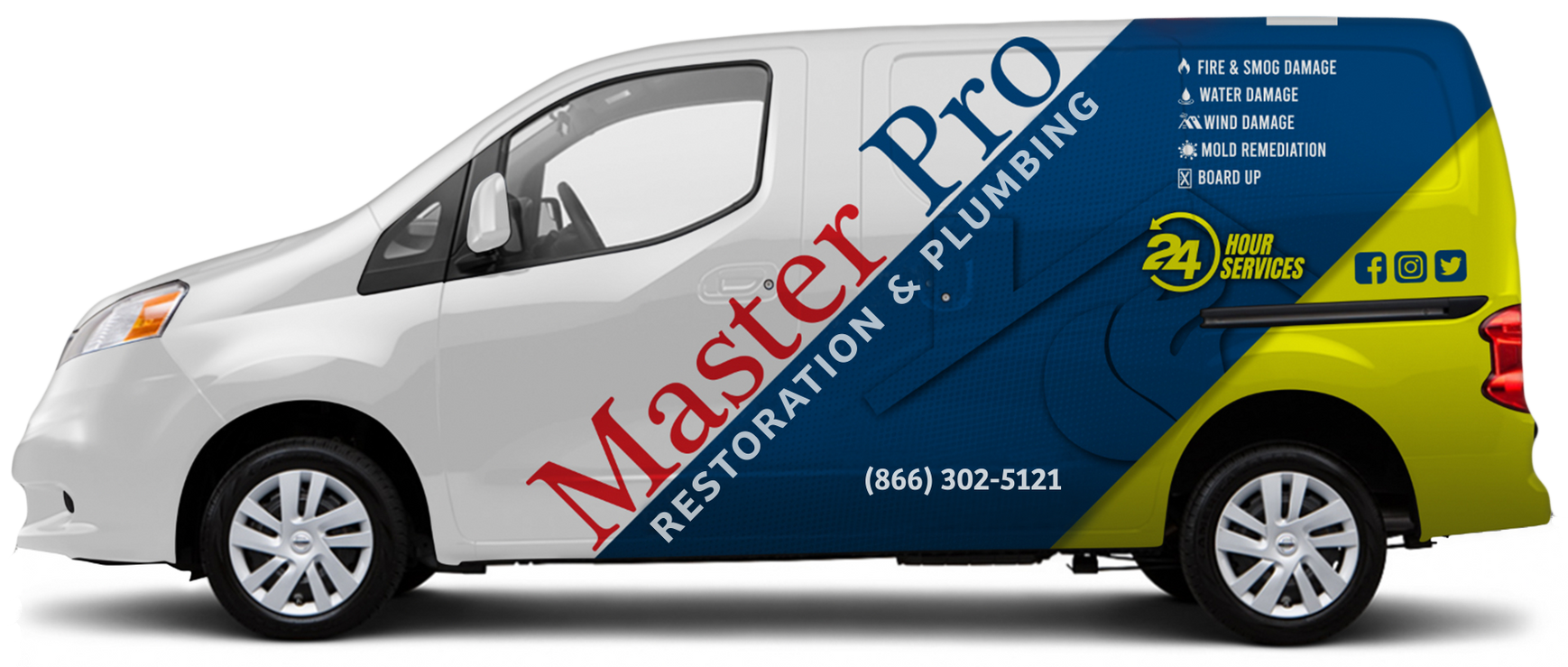 a white van with a wrap that says master pro restoration and plumbing