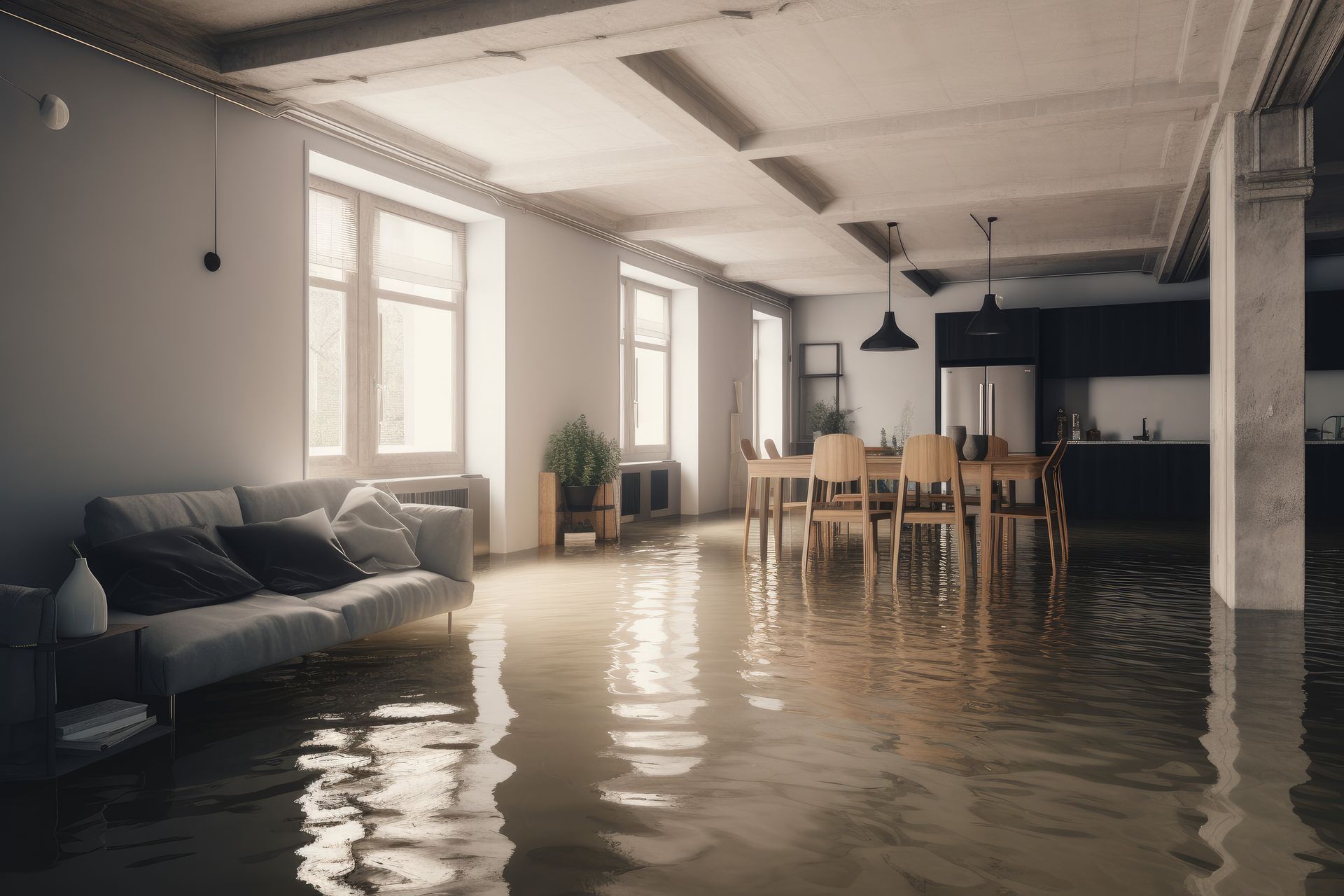 a flooded living room with a couch , table and chairs .