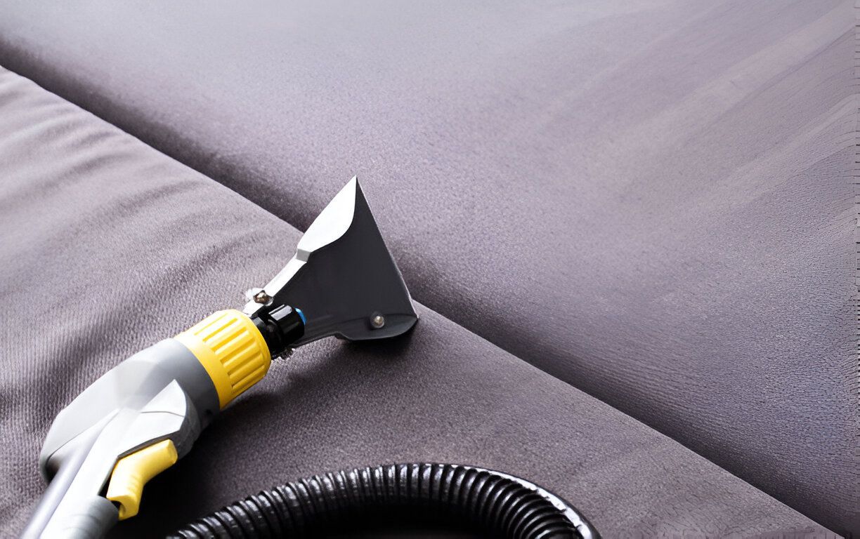 A vacuum cleaner is being used to clean a couch.