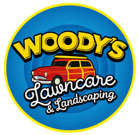 A circular logo for Woody’s Lawncare & Landscaping featuring a red woody station wagon on a blue background.