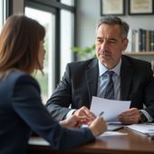 Man in suit reviews documents with another person at a table, both facing each other.
