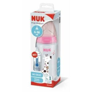Biberón NUK en caja, tetina rosa, diseño de jirafa, edad 6-18 meses.