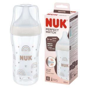 Biberón NUK Perfect Match con caja; plástico transparente, colores neutros, diseño de arcoíris, edad 3m+.