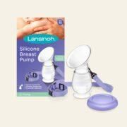 Kit extractor de leche de silicona Lansinoh con detalles en morado sobre un fondo claro.