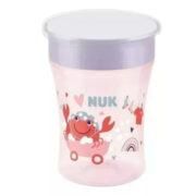 Vaso NUK 360 grados color rosa con ilustración de cangrejo y tapa blanca.