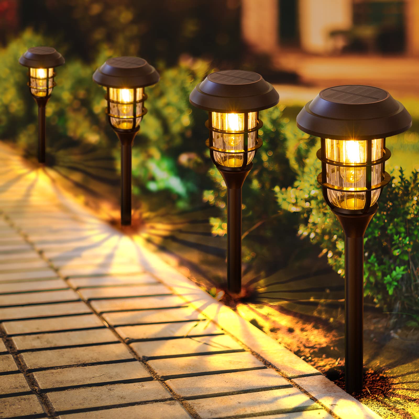 Soft, warm outdoor pathway lights illuminating a meandering garden trail on a tranquil evening.