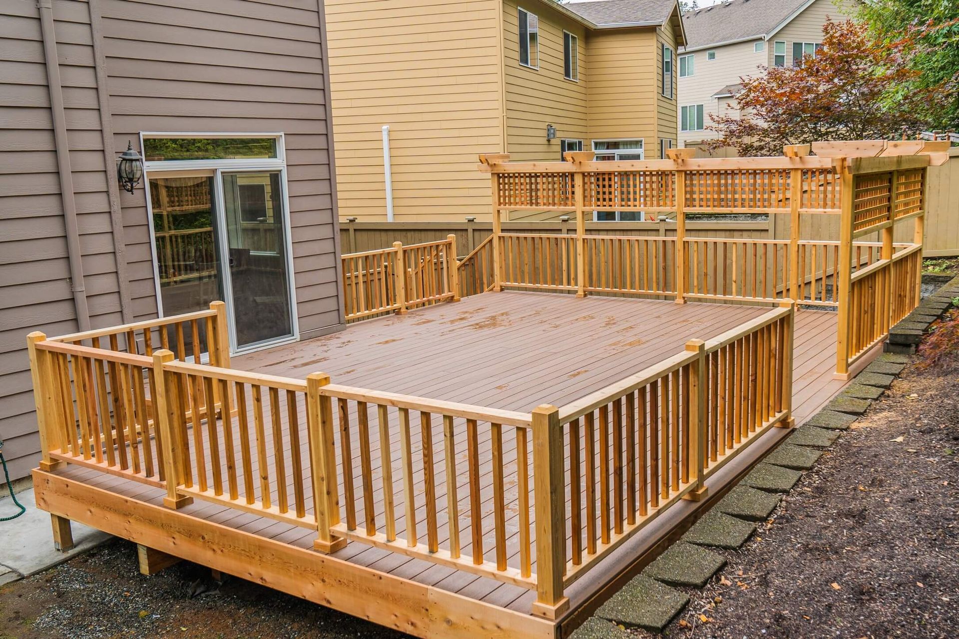 An illuminated deck at night, softly glowing with warm, inviting light, casting a gentle and serene ambiance.