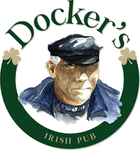 Logo del Docker's Irish Pub: uomo con cappello da marinaio, stile acquerello, all'interno di un cerchio verde con trifogli.