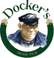 Logo del Docker's Irish Pub: uomo con cappello da marinaio, stile acquerello, all'interno di un cerchio verde con trifogli.