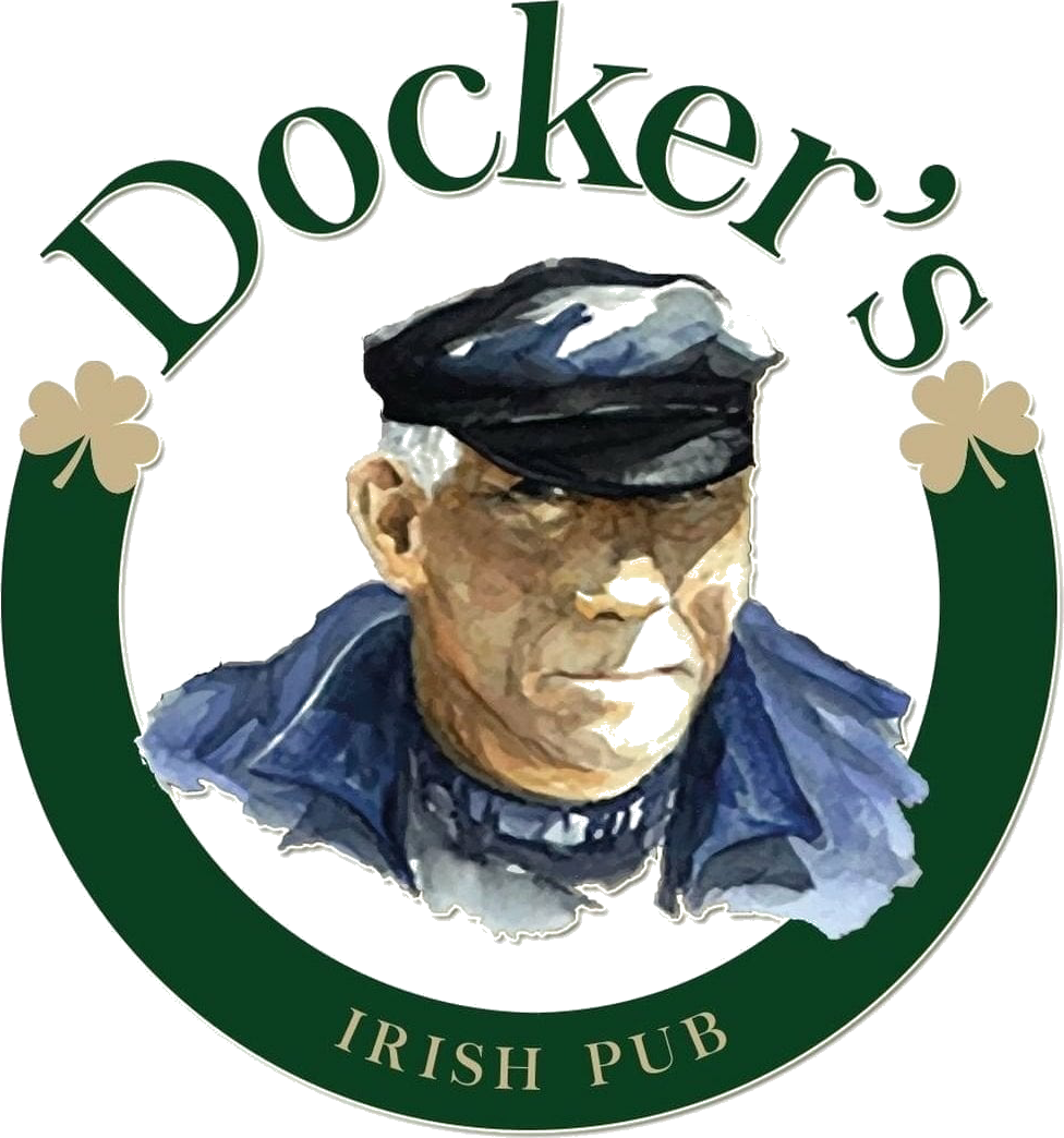 Logo del Docker's Irish Pub: un ritratto ad acquerello di un uomo con un berretto da marinaio, circondato da un cerchio verde e trifogli.