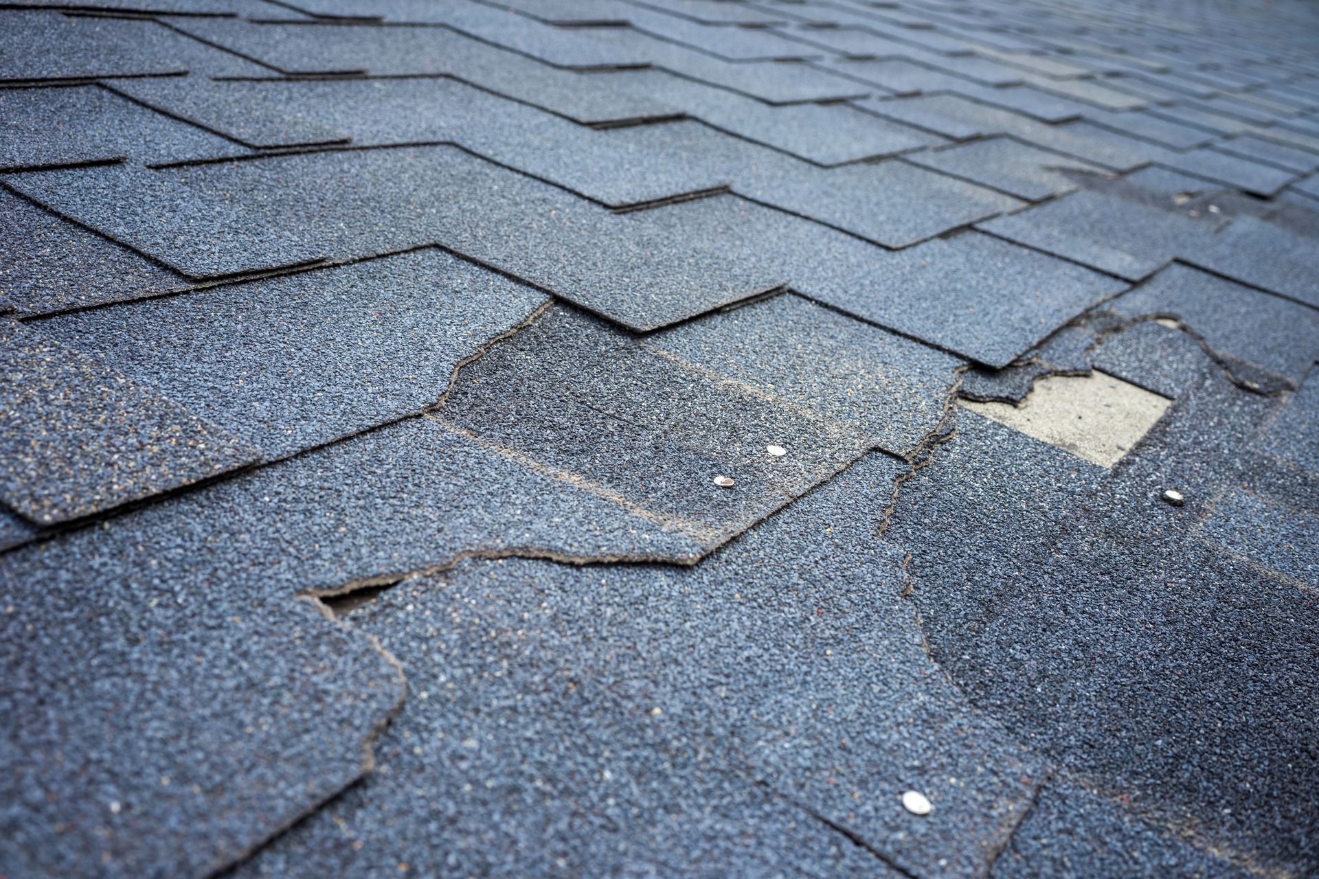 Damaged asphalt shingles on a roof, with several missing or broken pieces showing underlying materials.