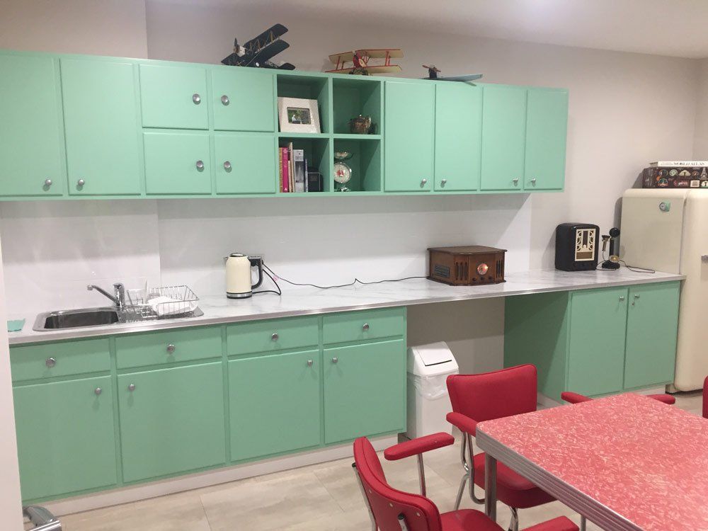 teal cabinets