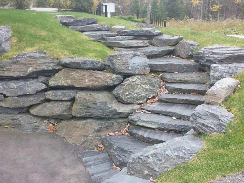 Un ensemble d'escaliers faits de rochers menant à une colline herbeuse.