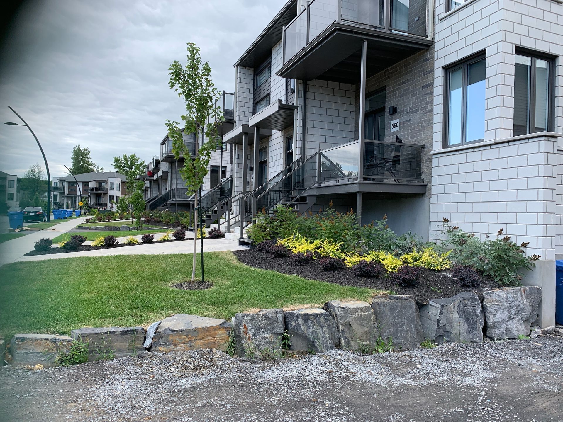 Une rangée d'immeubles d'appartements avec une pelouse verte luxuriante devant eux.