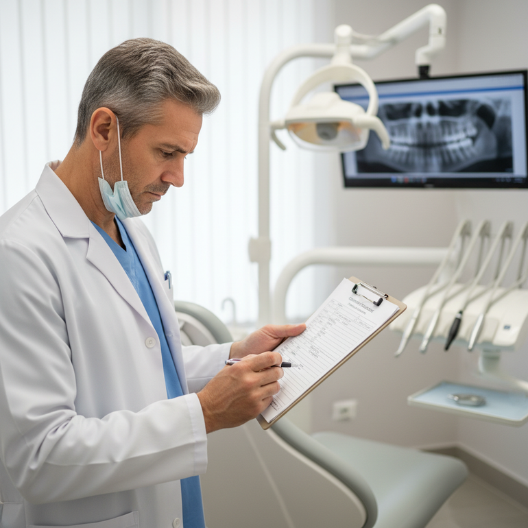 Dentist reviewing a clipboard in a bright dental clinic with exam chair and x-ray screen visible