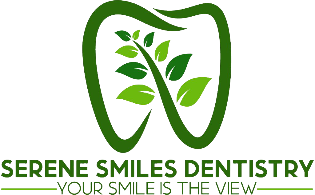 Serene Smiles Dentistry logo with a green tooth outline and leaf design, plus the slogan “Your Smile is Our Family.”