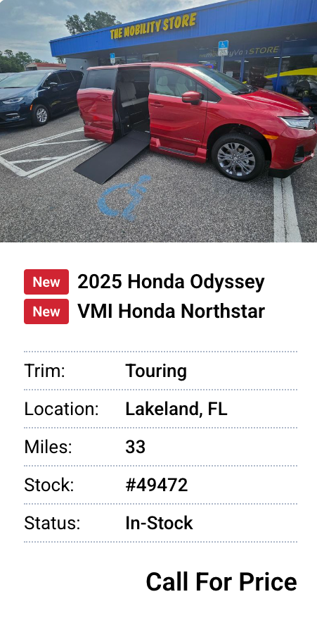 Red 2025 Honda Odyssey van with ramp, parked in front of a store, marked handicap spot.