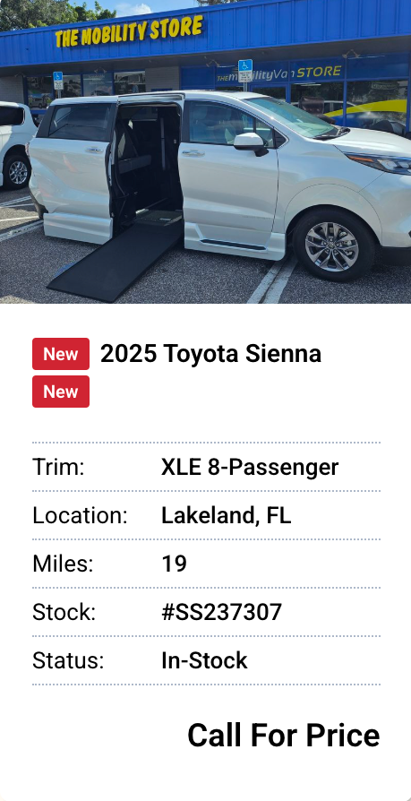 White wheelchair-accessible 2025 Toyota Sienna van at "The Mobility Store" in Lakeland, FL.