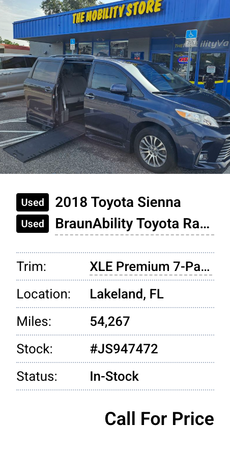 Blue accessible 2018 Toyota Sienna minivan at The Mobility Store in Lakeland, FL.