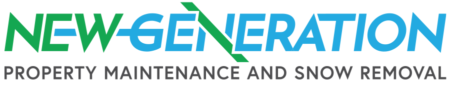 Logo for New-Generation Property Maintenance and Snow Removal, featuring blue and green text with a diagonal slash.