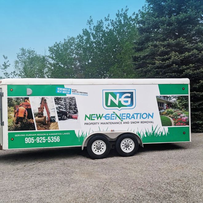 A white utility trailer branded for New Generation Property Maintenance and Snow Removal, parked on a gravel lot.