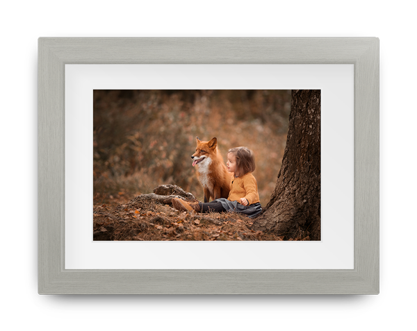 A little boy is laying under a tree with a fox.