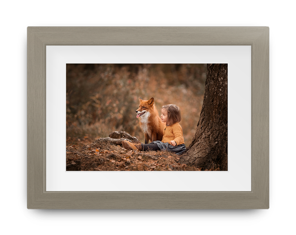 A little boy is laying under a tree with a fox.