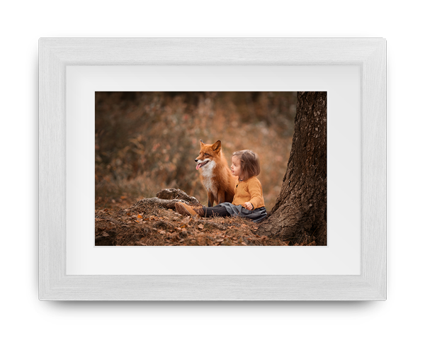 A little boy is laying under a tree with a fox.